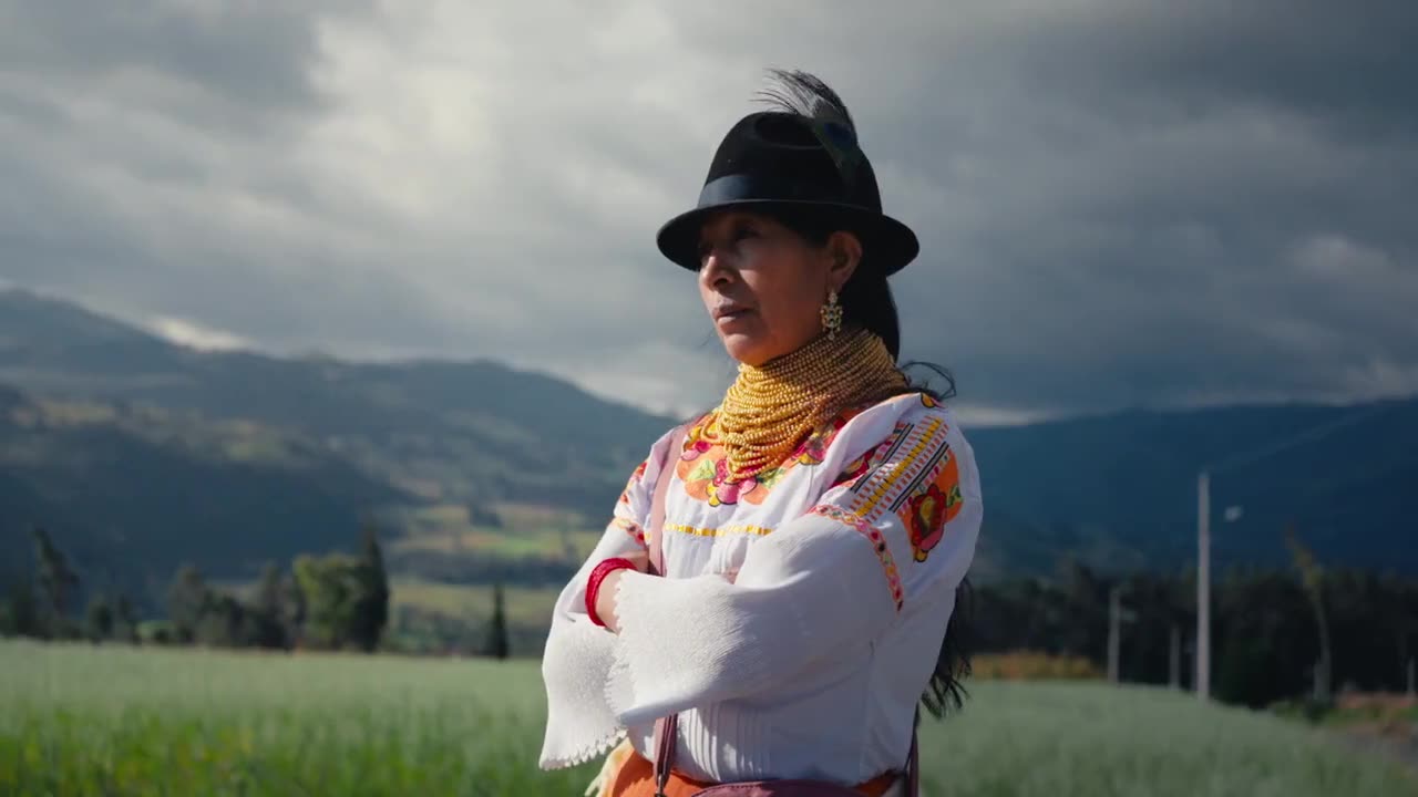 Mujer indígena con sombrero frente a las montañas